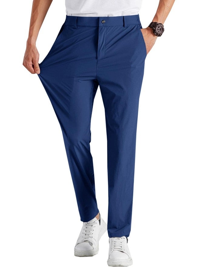 Runcati Mens Stretch Golf Pants Casual Slim Fit Dress Pants Elastic Waist Tapered Work Cropped Trousers Navy Blue - Image 1